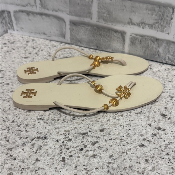 Tory Burch Cream and Gold Beaded Leather Sole Sandals - Picture 3 of 6